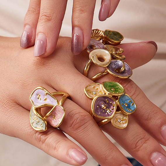 316L Surgical Stainless Steel Enamel Finger Rings for Women, Flower, Golden