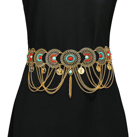 Богемный этнический стиль сплав паве красный и глубокий небесно-голубой синтетический бирюзовый кисточки поясные цепи, золотые