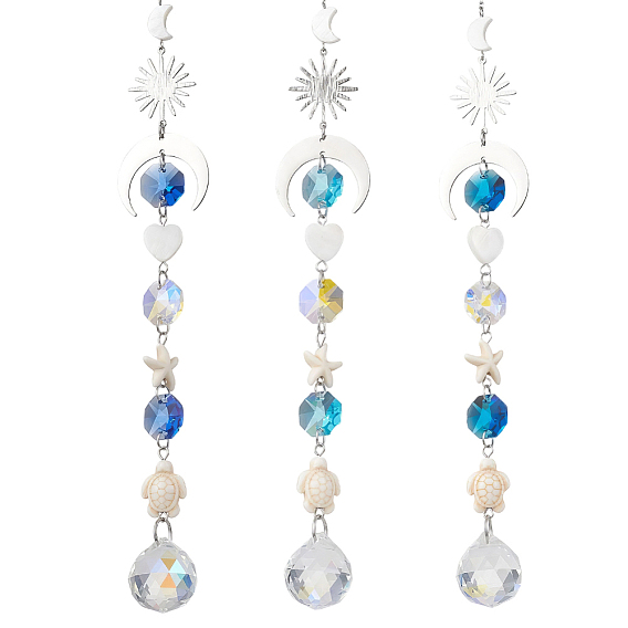 3 шт. стеклянные круглые и восьмиугольные бусины для подвесных ловцов солнца, с бусинами из нержавеющей стали в виде луны, солнца и синтетической бирюзы в виде морской звезды и черепахи, для наружного и садового декора