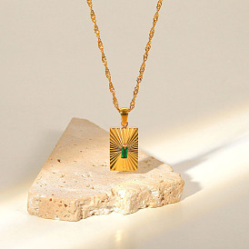 Vintage Green Zircon Inlaid Rectangular Pendant Necklace in French Style, 18K Gold Stainless Steel Jewelry for Women.