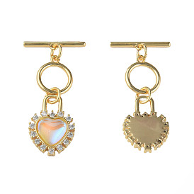 Brass Micro Pave Clear Cubic Zirconia Toggle Clasps, with Glass, Nickel Free, Heart