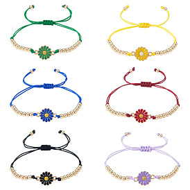 6шт 6 цвета сплава эмалированные звенья браслеты для женщин, маргаритка, с регулируемой нейлоновой нитью и латунными бусинами