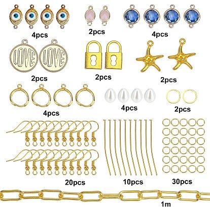 SUNNYCLUE DIY Dangle Earring Making Kits, Iron Paperclip Chains, 12Pcs Evil Eye & Geometry Glass & Brass Links, 6Pcs Starfish & Flat Round Alloy Pendants, Glass Pearl and Brass Findings