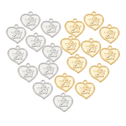 20pcs 2 couleurs 304 pendentifs ange en acier inoxydable, coeur avec cupidon / chérubin