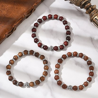 Комплекты браслетов из натурального дерева с круглыми бусинами для мужчин и женщин, крестик, с бусинами сплава