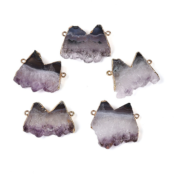 Подвески-звенья/соединители из натурального агата друзы в форме буквы М, с золотым латунным краем