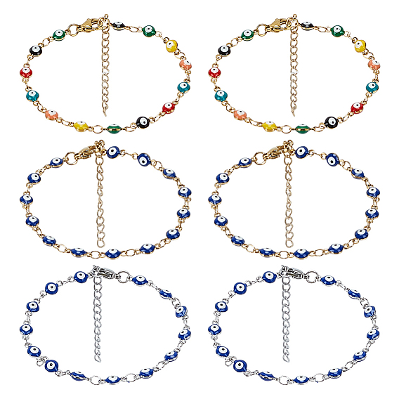 6шт. 3 Браслеты из нержавеющей стали и эмали для женщин, плоские круглые с сглаза