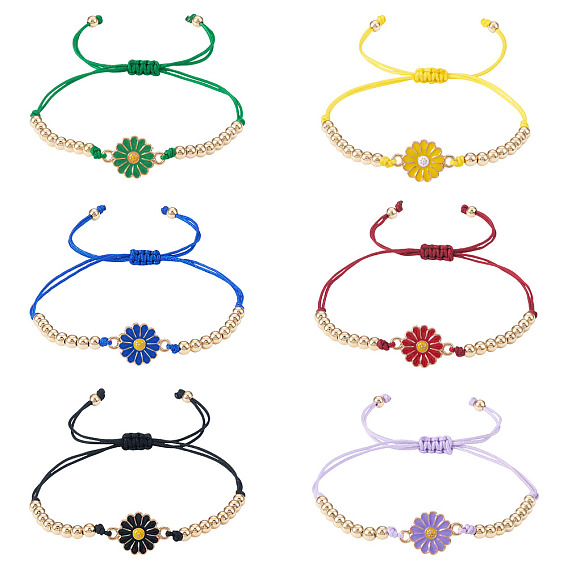6шт 6 цвета сплава эмалированные звенья браслеты для женщин, маргаритка, с регулируемой нейлоновой нитью и латунными бусинами