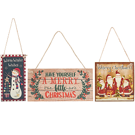 Christmas Theme Density Board Hanging Wall Decorations for Front Door Home Decoration, with Jute Twine, Rectangle