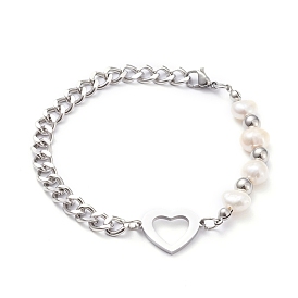 304 Stainless Steel Heart Link Bracelets, with Natural Pearl Beads, Curb Chains and Lobster Claw Clasps