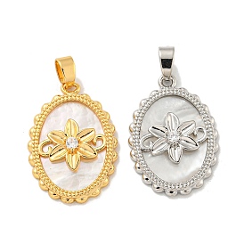Brass Clear Micro Pave Cubic Zirconia Pendants, with Shell, Oval