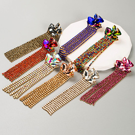 Boho Chic Long Alloy Claw Chain Tassel Earrings with Geometric Sparkling Rhinestone Dangles for Women