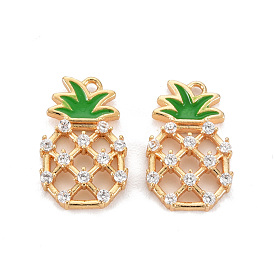 Brass Micro Pave Clear Cubic Zirconia Charms, with Enamel, Nickel Free, Pineapple