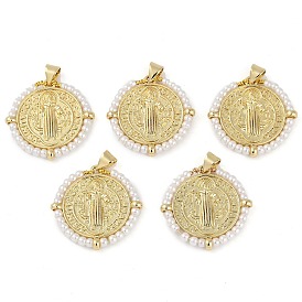 Saint Benedict Medal Brass & ABS Plastic Pearl Pendants, Long-Lasting Plated, Lead Free & Cadmium Free