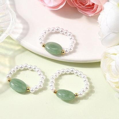 Кольца-растяжки из натурального зеленого авантюрина для женщин, овальные, с абс пластмассовой имитационной жемчужиной