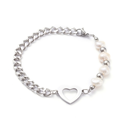 304 Stainless Steel Heart Link Bracelets, with Natural Pearl Beads, Curb Chains and Lobster Claw Clasps