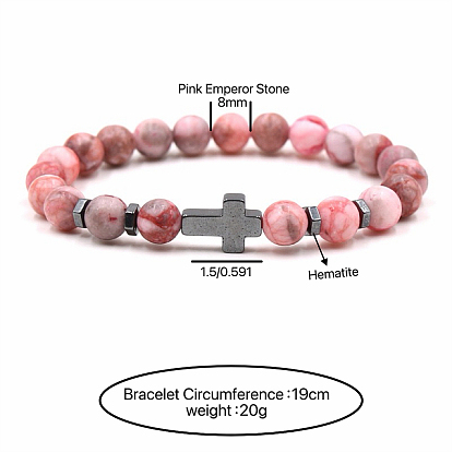 Pulseras elásticas redondas de 8 mm con cuentas de piedras preciosas y cruz de hematita sintética no magnética