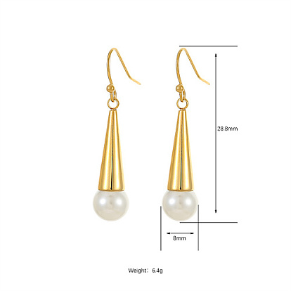 304 Stainless Steel Cone Dangle Earrings, Natural Pearl Drop Earrings