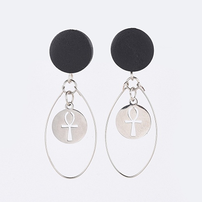 Cuelga los pendientes, con cuentas de peral, alambre de acero de la memoria, tuercas de plástico, 304 hallazgos y pendientes de aretes de acero inoxidable, plano y redondo con la cruz