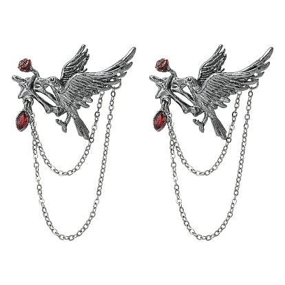 2Pcs Gothic Style Crow with Rose Alloy Rhinestone Hanging Chain Brooches