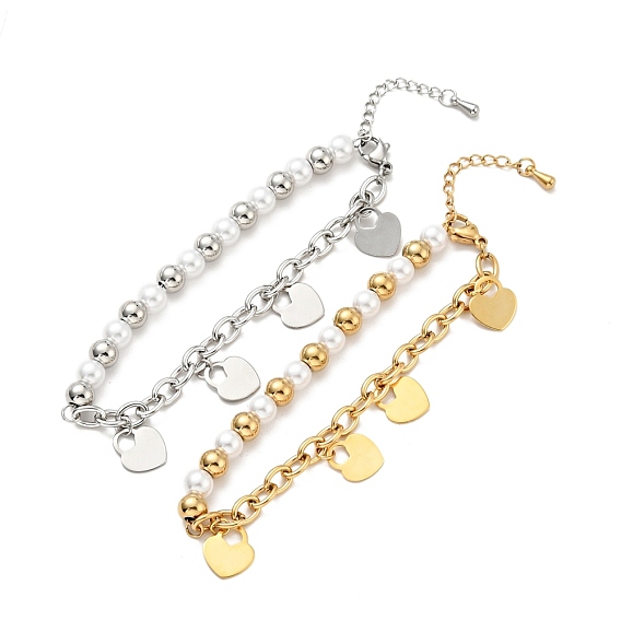 201 Stainless Steel Heart Padlock Charm Bracelet, Plastic Pearl Beaded Bracelet with 304 Stainless Steel Cable Chains for Women