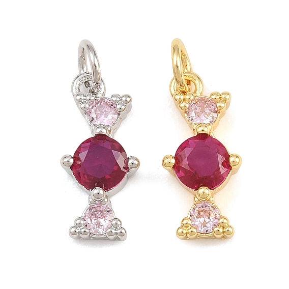 Brass Micro Pave Fuchsia Cubic Zirconia Pendants, Bowknot Charms, Rack Plating, Long-Lasting Plated, Lead Free & Cadmium Free