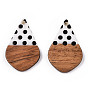 Printed Opaque Resin & Walnut Wood Pendants, Teardrop Charm with Polka Dot Pattern