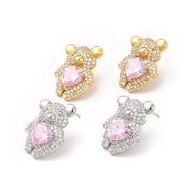 Rack Plating Brass Micro Pave Cubic Zirconia Stud Earrings for Women, Long-Lasting Plated, Lead Free & Cadmium Free, Bear