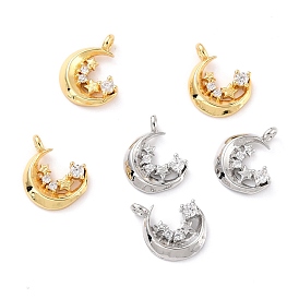 Eco-Friendly Brass Micro Pave Clear Cubic Zirconia Charms, Cadmium Free & Lead Free, Moon