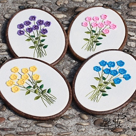 DIY Flower & Leaf Pattern Embroidery Kits, Including Printed Cotton Fabric, Embroidery Thread & Needles