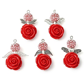 5Pcs 5 Styles Red Rose Flower Resin & Glass Seed Pendants, Angel Charms with Alloy Wings