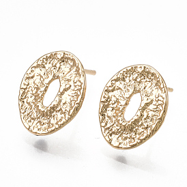 Brass Stud Earring Findings, with Loop, Oval, Real 18K Gold Plated