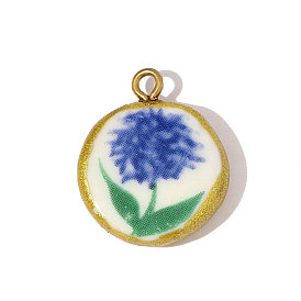 304 подвески из нержавеющей стали и фарфора, плоские круглые с цветком, ионное покрытие (ip), реальный 18 k позолоченный