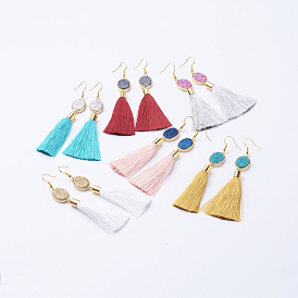 Ice Silk Thread Tassel Dangle Earrings, with Electroplated Natural Druzy Quartz Crystal and Brass Earring Hooks, Golden