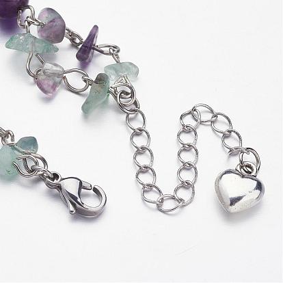 Natural Amethyst & Fluorite Beaded Tiered Necklaces, Layered Necklaces, with 304 Stainless Steel Lobster Claw Clasps