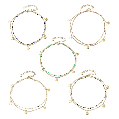 304 браслеты на ногу из двухслойной цепи из нержавеющей стали, Эмаль стиле, с позолоченными подвесками в виде сердечек