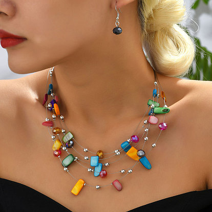Conjuntos de collares multicapa con cuentas y aretes colgantes de estilo bohemio hechos con pepitas de aleación y conchas