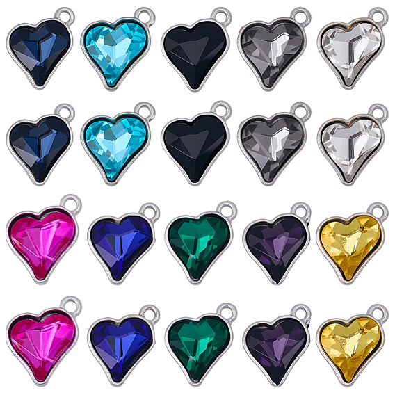 20шт 10 цветные подвески из сплава стекла, граненые, сердце, платина