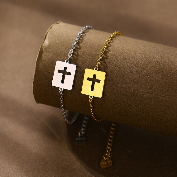 304 Stainless Steel Rectangle with Hollow Cross Link Bracelets, Cable Chain Bracelets for Women