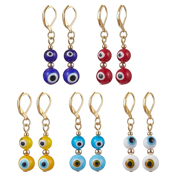 Golden Brass Leverback Earrings, Glass Evil Eye Drop Earrings for Women
