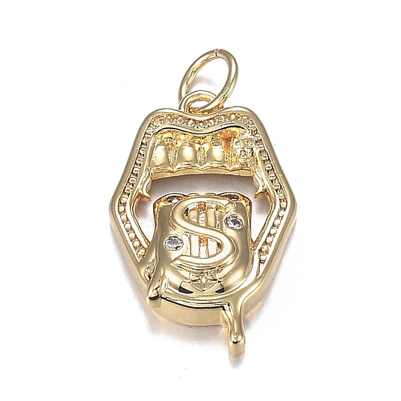 Brass Micro Clear Cubic Zirconia Pendants, Long-Lasting Plated, Lip with Dollar Sign