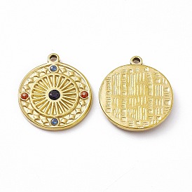 Vacuum Plating 201 Stainless Steel Pendants, with Rhinestone, Real 18K Gold Plated, Flat Round Charms