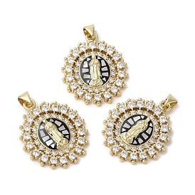 Flat Round with Virgin Mary, Brass Micro Pave Cubic Zirconia Pendants, with Enamel & Shell, Long-Lasting Plated, Lead Free & Cadmium Free, Real 18K Gold Plated