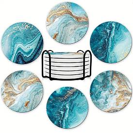 6Pcs Ceramic Coaster, Heat Resistant Pot Mats, with MDF Base and Holder for Home Kitchen, Flat Round