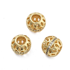 Perles européennes en laiton micro pavées de zircones cubiques, Perles avec un grand trou   , plaqué longue durée, sans cadmium et sans plomb, ronde