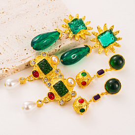 Retro Style Alloy Pearl & Diamond Earrings for Women - Long Circular Dangle Ear Jewelry