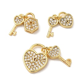 Brass Micro Pave Cubic Zirconia Pendants, Long-Lasting Plated, Cadmium Free & Lead Free, Heart & Key