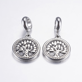 304 Stainless Steel European Dangle Charms, Flat Round with Tree of Life, Large Hole Pendants