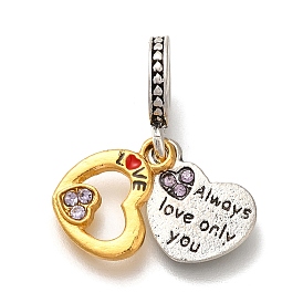 Rack Plating Alloy Rhinestone European Dangle Charms, Always Love Only You Heart Large Hole Charms, Enamel Style