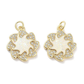 Brass Micro Pave Clear Cubic Zirconia Pendants, with Synthetic Opal and Jump Rings, Real 18K Gold Plated, Flower Charms